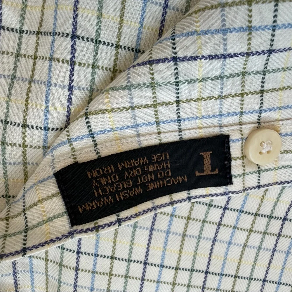 Robert Talbott XL Cream Green Blue Check Button Down Shirt Cotton Top